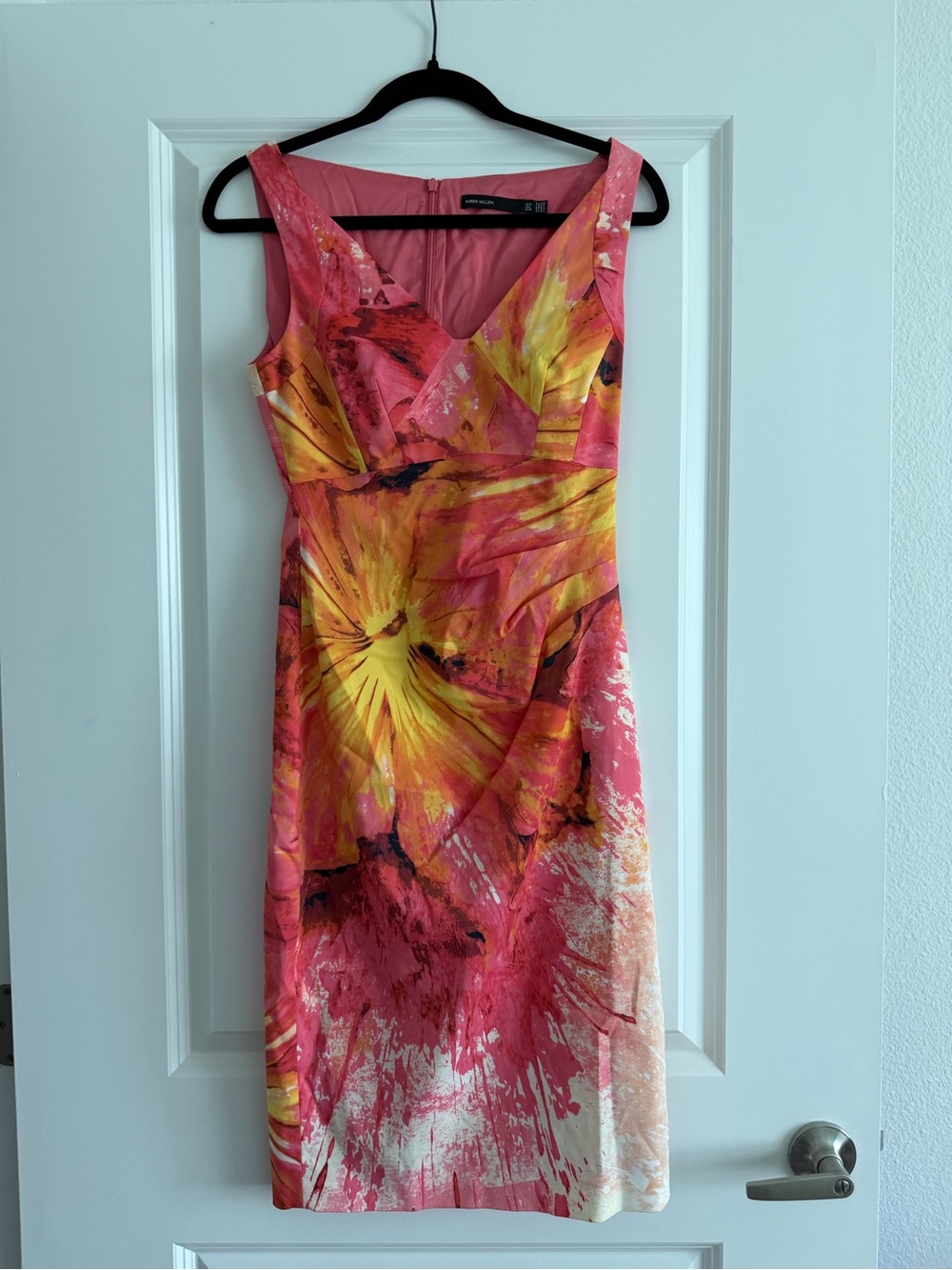 Karen Millen Pink and Yellow Floral-Print Midi Dress